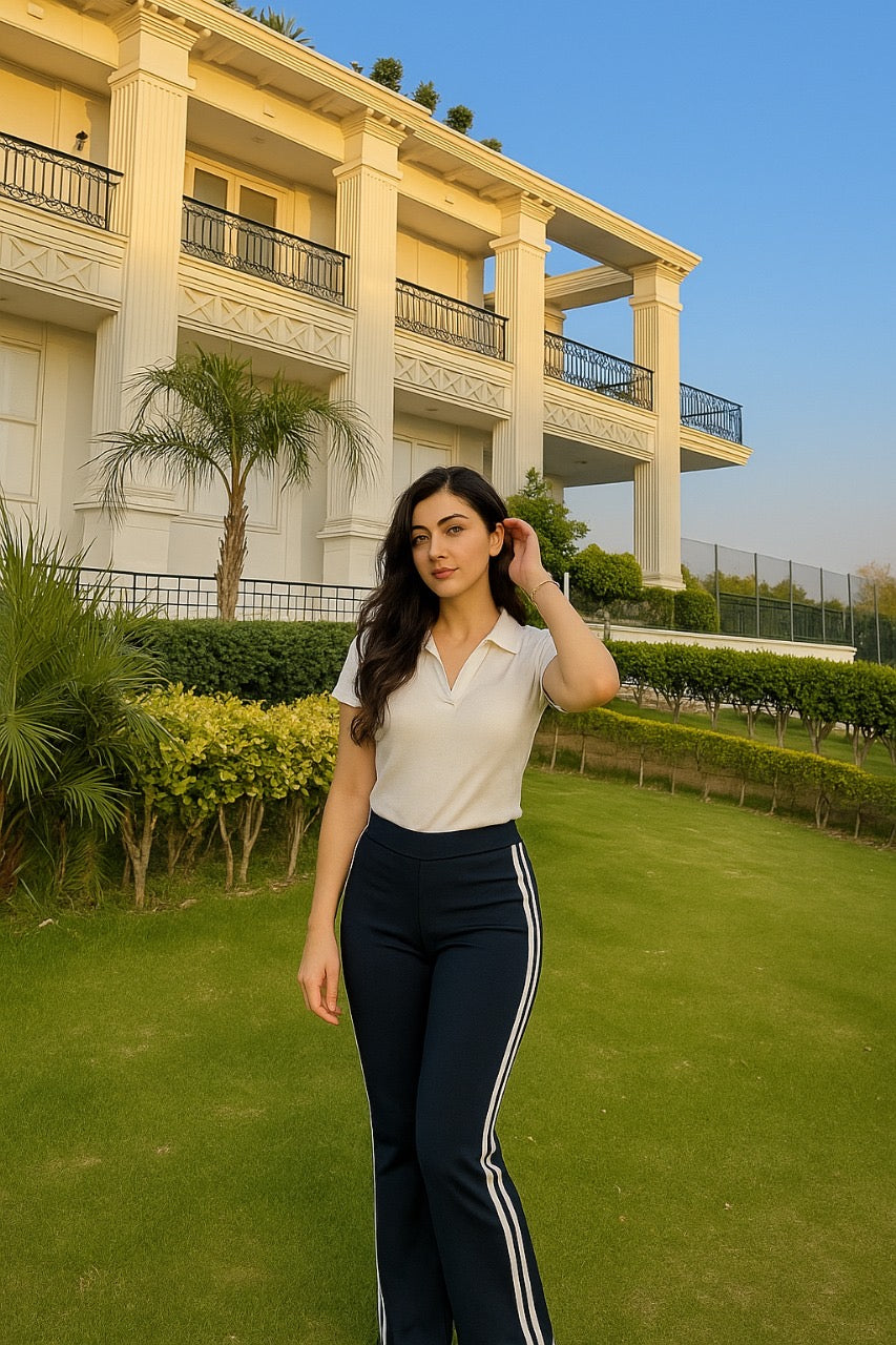 WESTTEEN SIDE STRIPE FLARE LEG TROUSERS NAVY